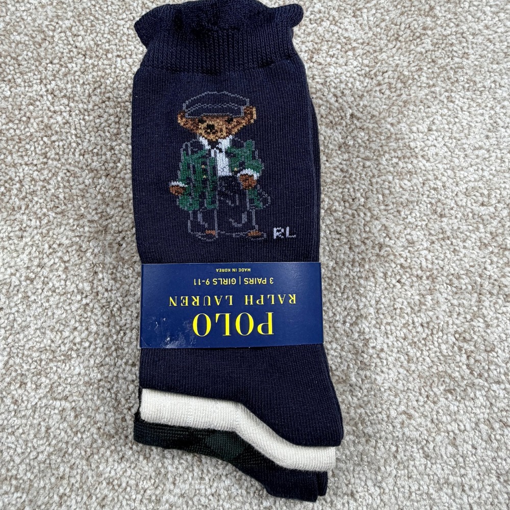 Polo Ralph Lauren Girls 3 Pack Socks Polo Bear Tartan Plaid Navy Cream Size 9-11